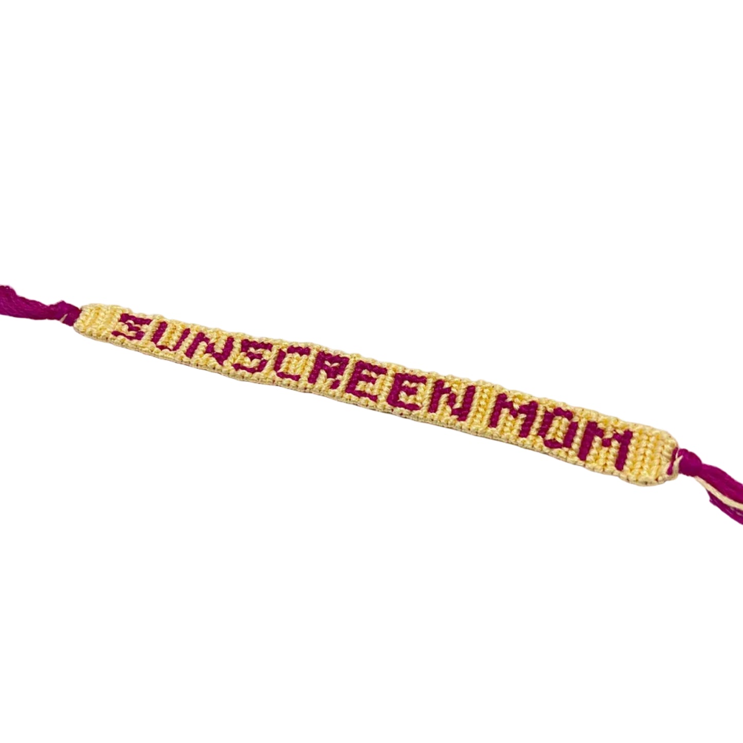 Bracelet with 'SUNSCREEN MOM' text on a white background